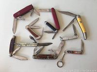 Lot of ten collectible folding knives including two red Victorinox Swiss Army knives, a mother-of-pearl handle knife, an antler bone handle knife, and others with various handle materials and folding blades, laid out on white background.