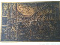 Front view of the entire antique brass printing plate showing the etched wharf scene including multiple figures, boats, and buildings.