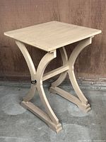 Full view of wood side table front and side