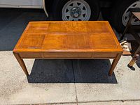 Full top and legs view of Drexel Meridian coffee table showing parquet panel design and overall condition