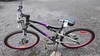 Full side view of bicycle showing frame style, wheels, brakes and accessories