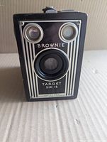 Front view showing Brownie Target Six-16 faceplate, lens and twin viewfinder windows
