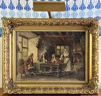 Framed Bennett oil painting with picture light showing overall composition and large tears