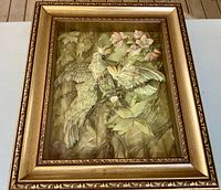 Full view of framed artwork showing cockatoos and ornate frame