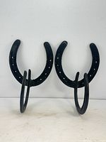 Front view of pair of cast iron horseshoe bookends standing upright