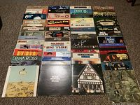 Overhead view showing majority of the 52 LP covers arranged on carpet
