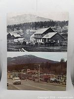 Front of poster with two photographs of Clinton, BC, past and present