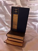 Stack of four hardcover books, one upright shows Ruskin title