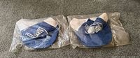 Two sealed Raleigh Lights trucker hats in plastic bags, showing blue fronts, white mesh backs, and printed logos