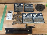 All items laid out: five carded knife sets, loose knives, cutter head, square fence, hex keys
