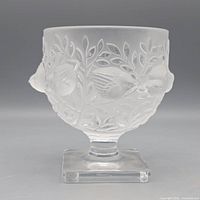 Overall view of frosted glass compote showing bird and foliage design