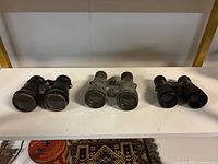 Three binoculars side by side showing overall condition