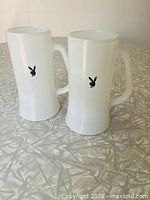 Front view of both frosted glass steins showing Playboy logos