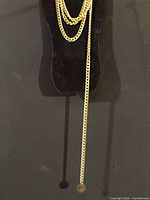 Full view of layered gold tone necklace on display form