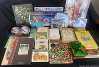 Group shot of entire lot showing books, DVD, puzzles, CDs and stationery