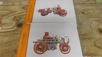 Two prints: motorized steam fire engine and horse-drawn steam pumper with orange header slips visible