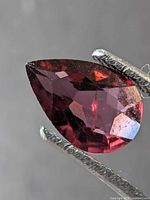 Pear-shaped red garnet held by tweezers, showing facets