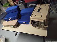 Overall lot with carrier, beige bed, and blue cushions on table