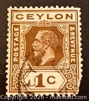Front of Ceylon 1-cent King George V stamp showing design and cancellation
