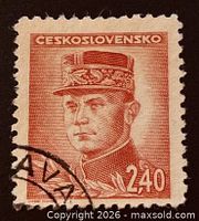 Front of reddish-brown 2.40 Koruna Czechoslovak stamp featuring General Štefánik with cancellation mark