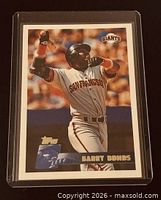 Front of sleeved 1996 Topps Barry Bonds card