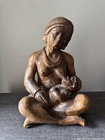 Front view of carved wood mother and child figure