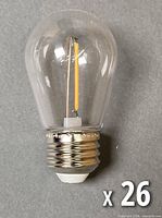 One LED filament bulb close-up showing size and E26 base