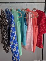 All seven vintage tops hanging on rack