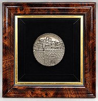 Front view showing framed sterling silver Jerusalem plaque