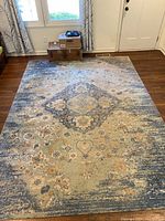 Full view of rectangular area rug showing medallion design and color palette