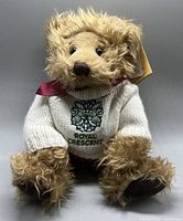 Full view of teddy bear with sweater, ribbon, and tag