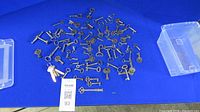 Full lot of assorted keys spread on blue background with empty plastic bins for scale