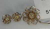 front view of brooch and earrings showing design and stones