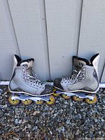 Full pair of gray/black Nike inline skates leaning together