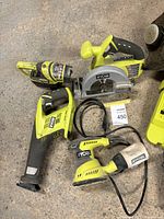 Ryobi cordless circular saw, reciprocating saw, battery charger with battery, two corded orbital sanders