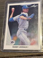 Front of 1990 Leaf Randy Johnson baseball card in sleeve