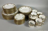 Full grouping of plates, bowls and cups showing pattern and quantity