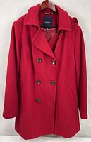 Front view of red Nautica double-breasted hooded peacoat on hanger