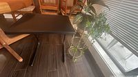 Black folding table mistakenly in foreground; brass plant stand partially visible with plants