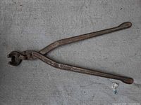 Full view of long-handled chain pliers showing size and rusted condition