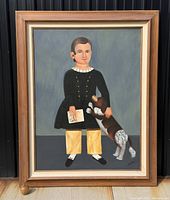 Full view of framed oil painting showing subject and dog