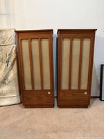 Front view of both ADC-18 speakers showing grille and cabinetry
