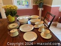 Group view of dinnerware showing plates, bowls, cups, sugar bowl