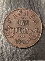 Reverse showing CANADA ONE CENT 1920 with maple leaves