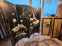 Full view of 4-panel screen with two framed bird panels beside it
