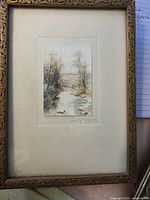 Full view of framed watercolor with mat and frame detail