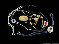 Group shot showing five bolo ties and gold-tone longhorn belt buckle