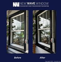 Before and after window cleaning example with New Wave Window branding
