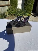 Pair of black satin T-strap slingback heels displayed on box outdoors