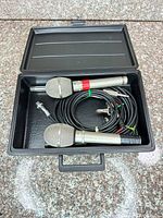 Open case showing two Sony microphones, cables, clip